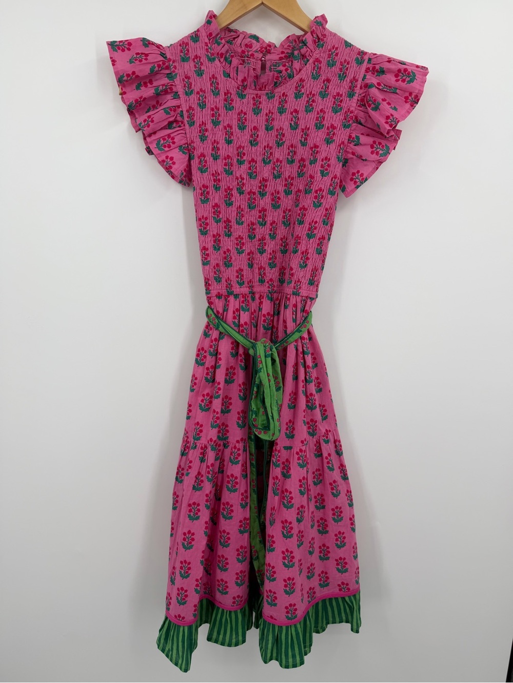 Printfresh Smocked Midi Dress XS Pink Floral Block Print Organic Cotton Ruffle
